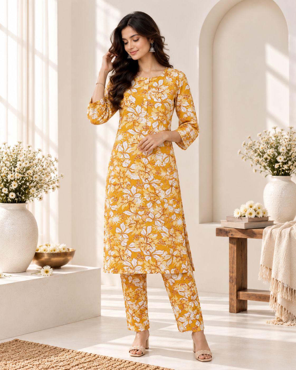 Mustard Yellow Floral Printed Rayon Kurti Set