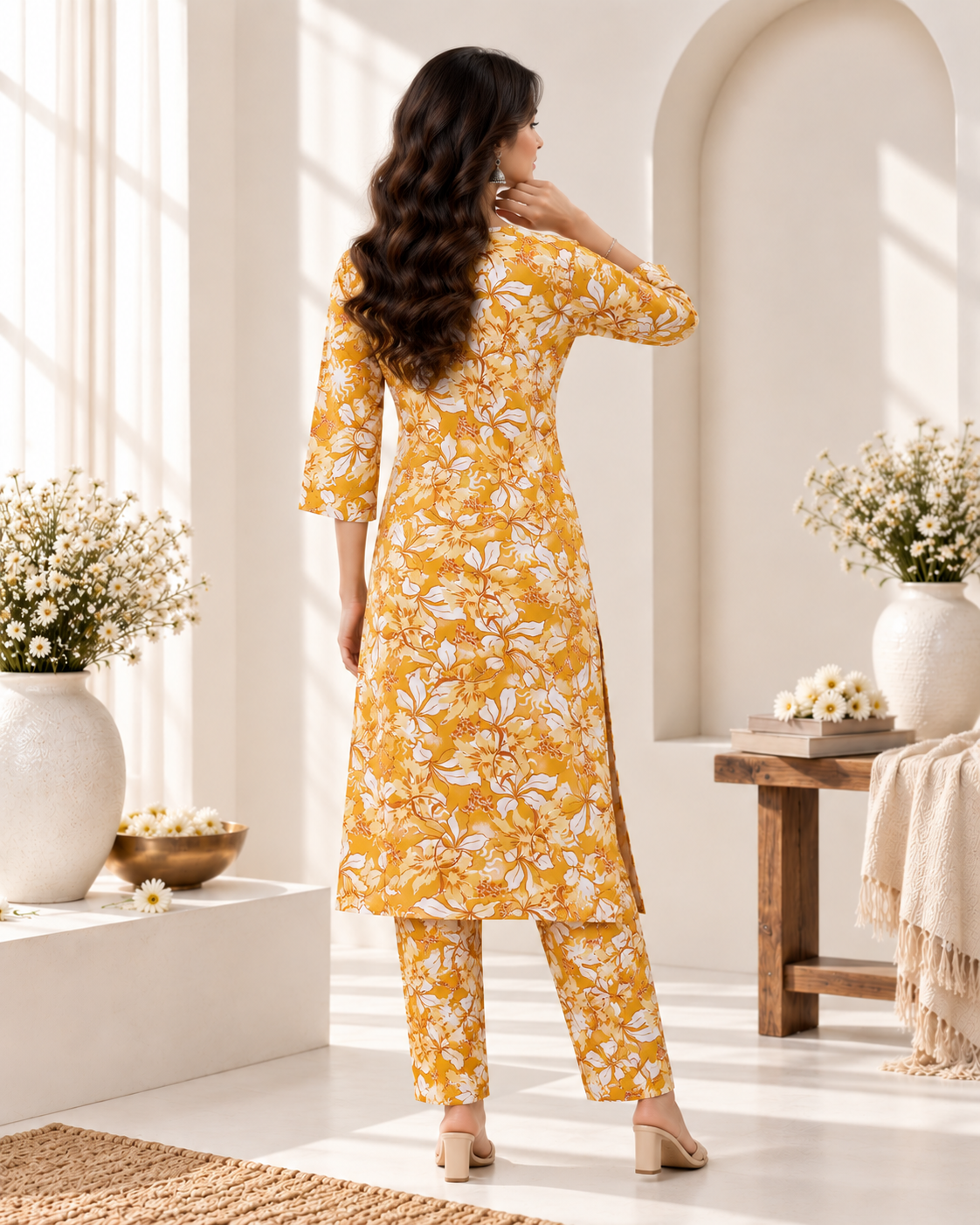 Mustard Yellow Floral Printed Rayon Kurti Set