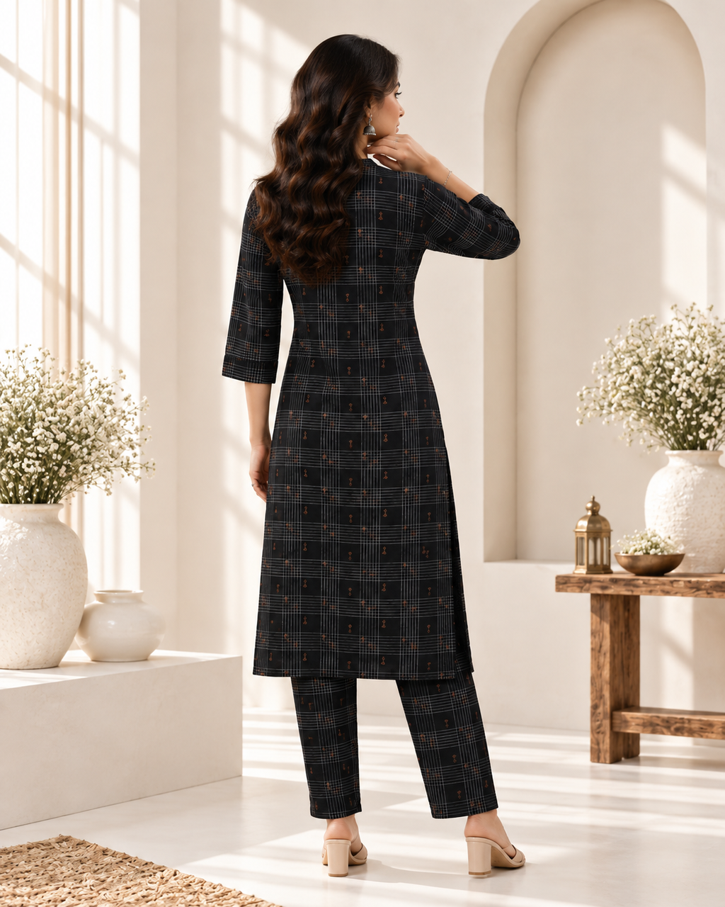 Black Checked Printed Rayon Kurti Set