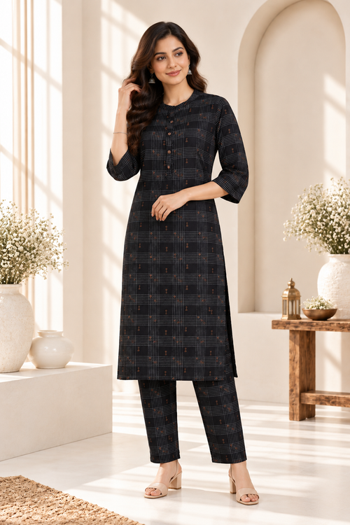 Black Checked Printed Rayon Kurti Set
