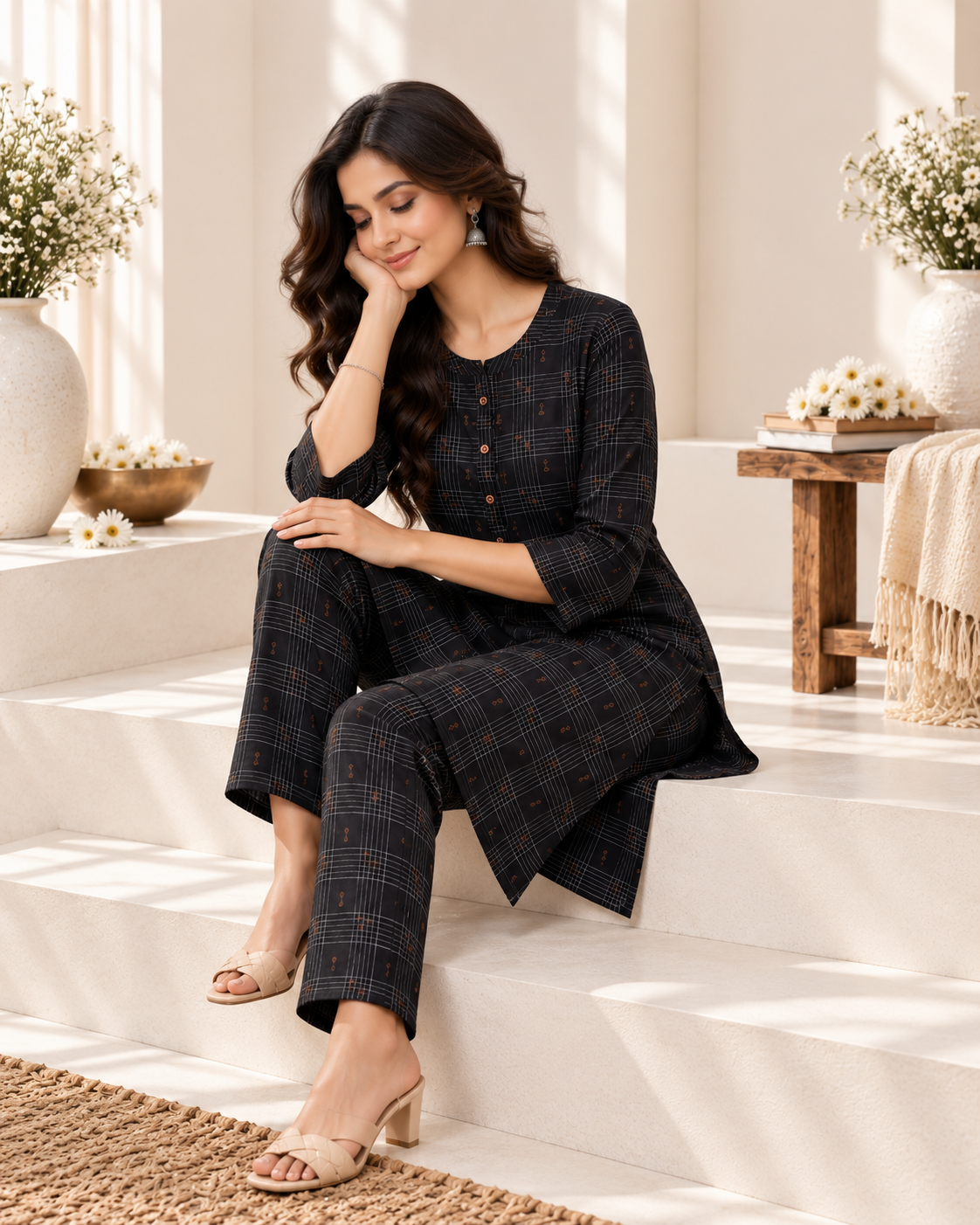 Black Checked Printed Rayon Kurti Set