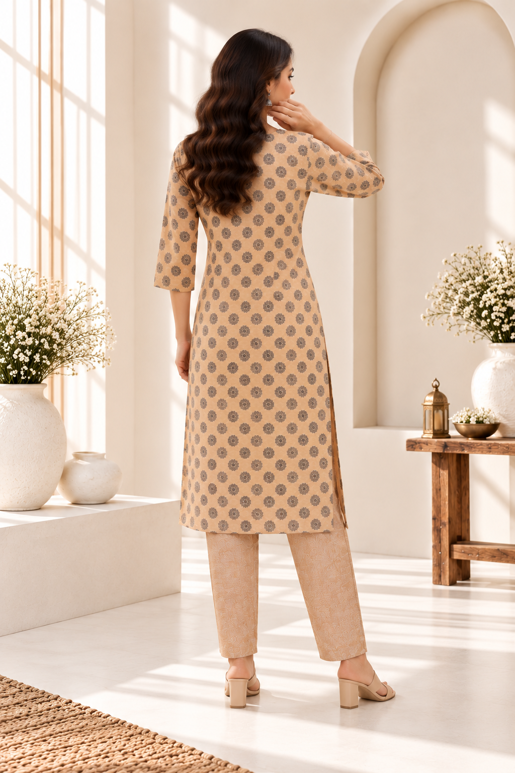 Beige Floral Printed Cotton Kurti Set