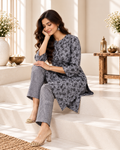 Charcoal Grey Floral Printed Cotton Kurti Set