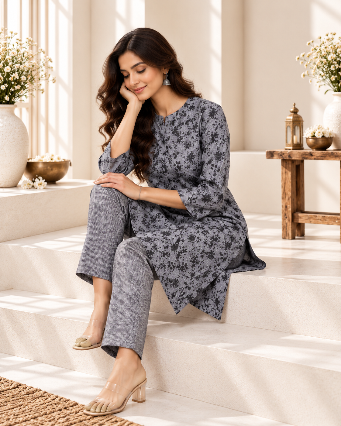 Charcoal Grey Floral Printed Cotton Kurti Set