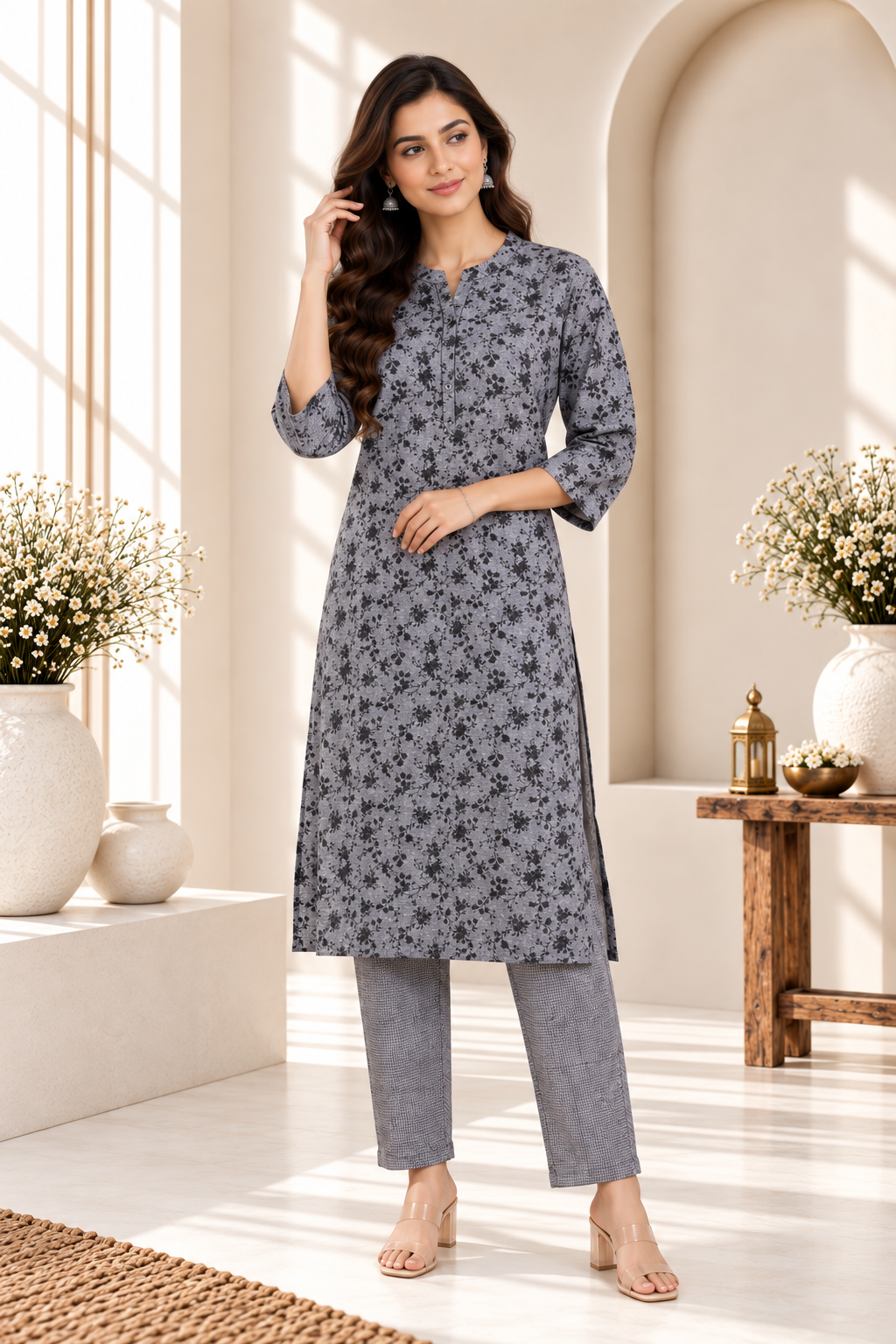 Charcoal Grey Floral Printed Cotton Kurti Set