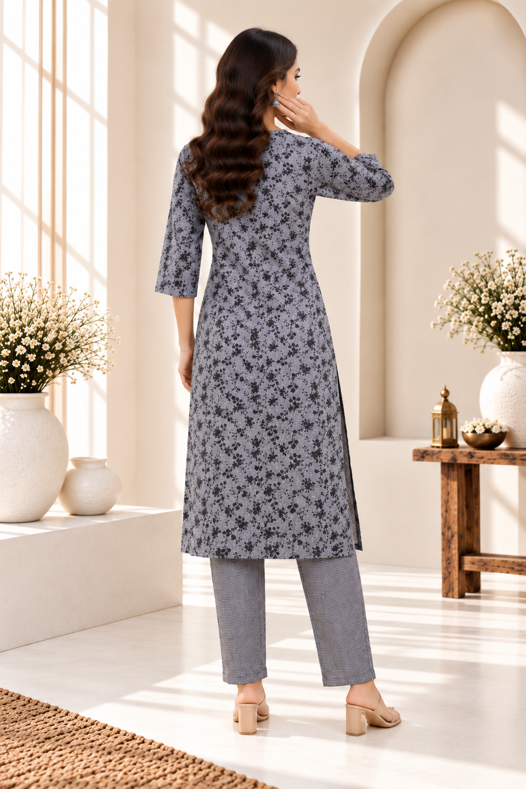 Charcoal Grey Floral Printed Cotton Kurti Set