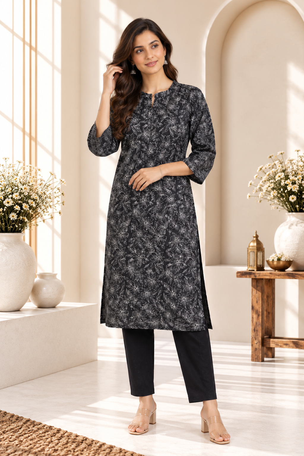 Black Floral Printed Cotton Kurti Set