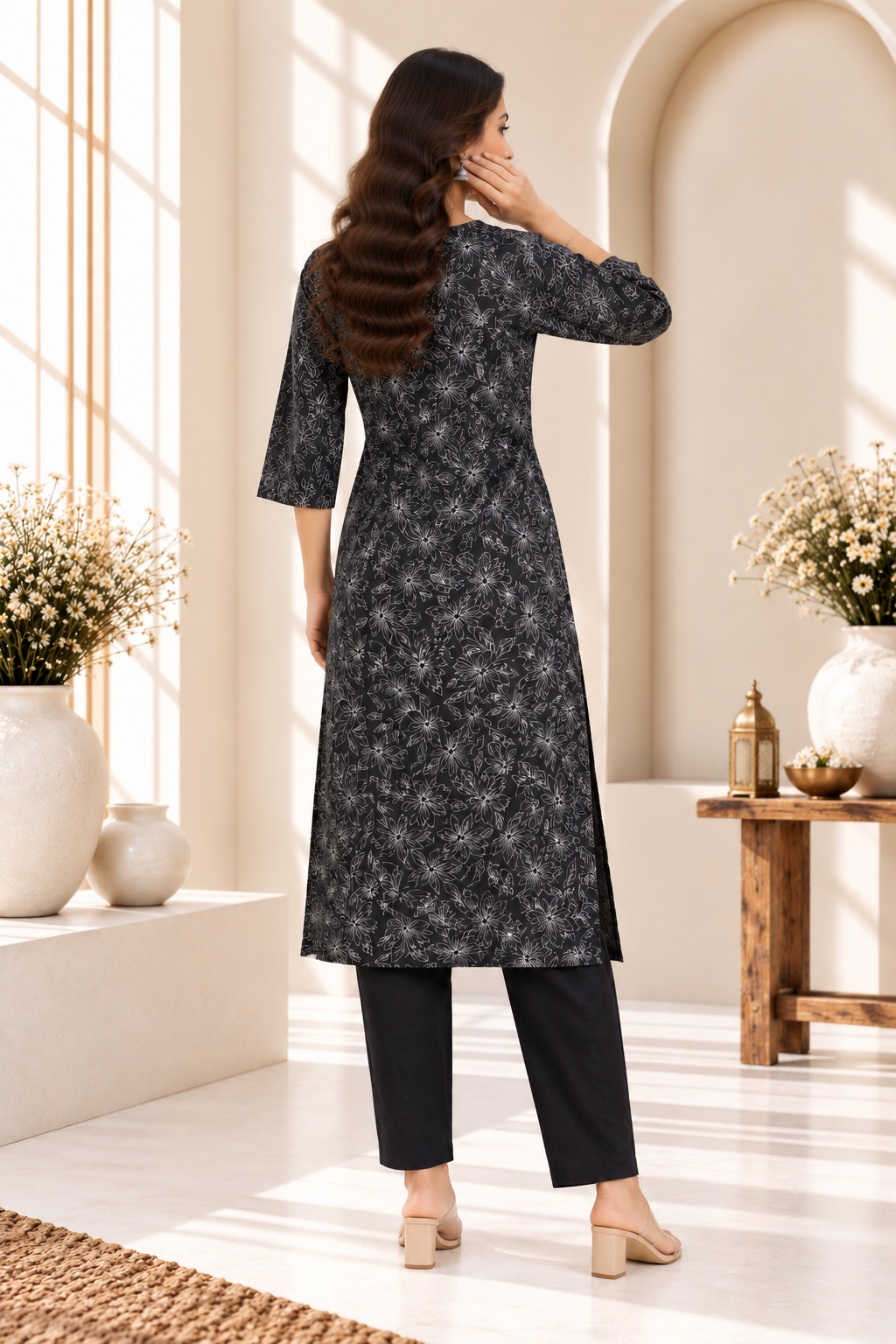 Black Floral Printed Cotton Kurti Set