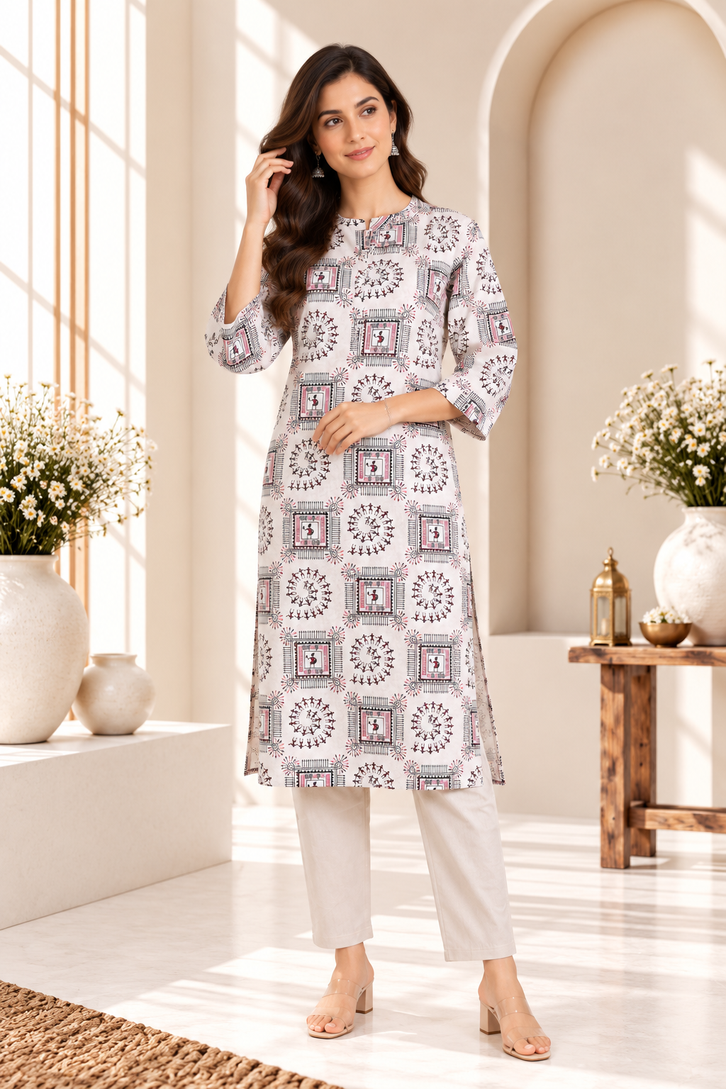Cream Geometric Printed Cotton Kurti Set
