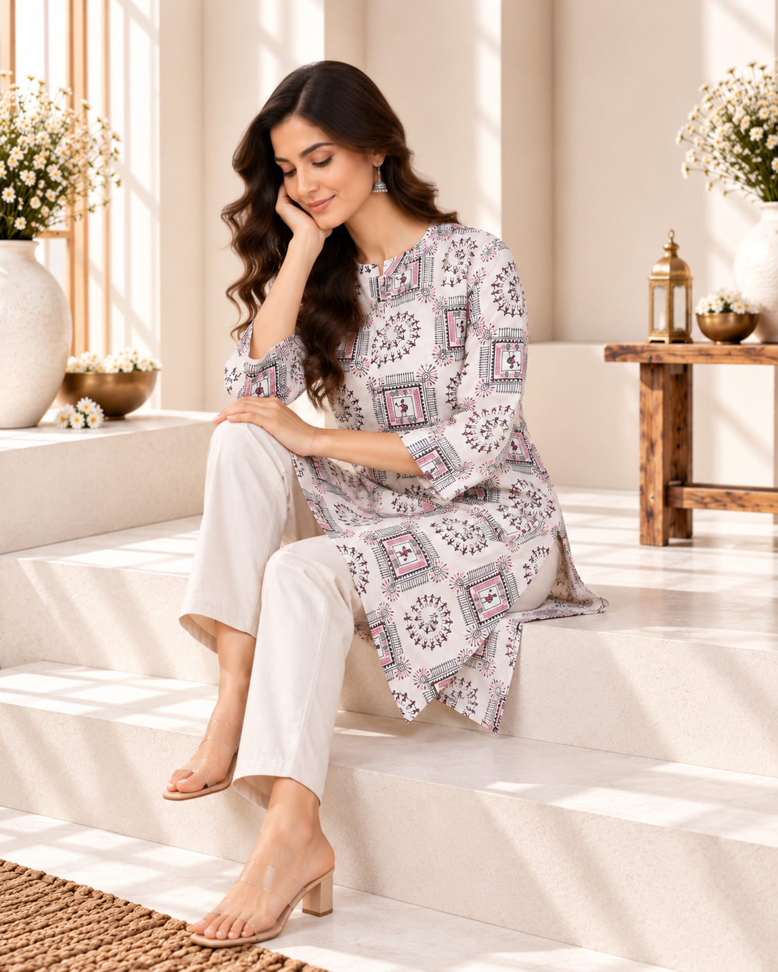 Cream Geometric Printed Cotton Kurti Set