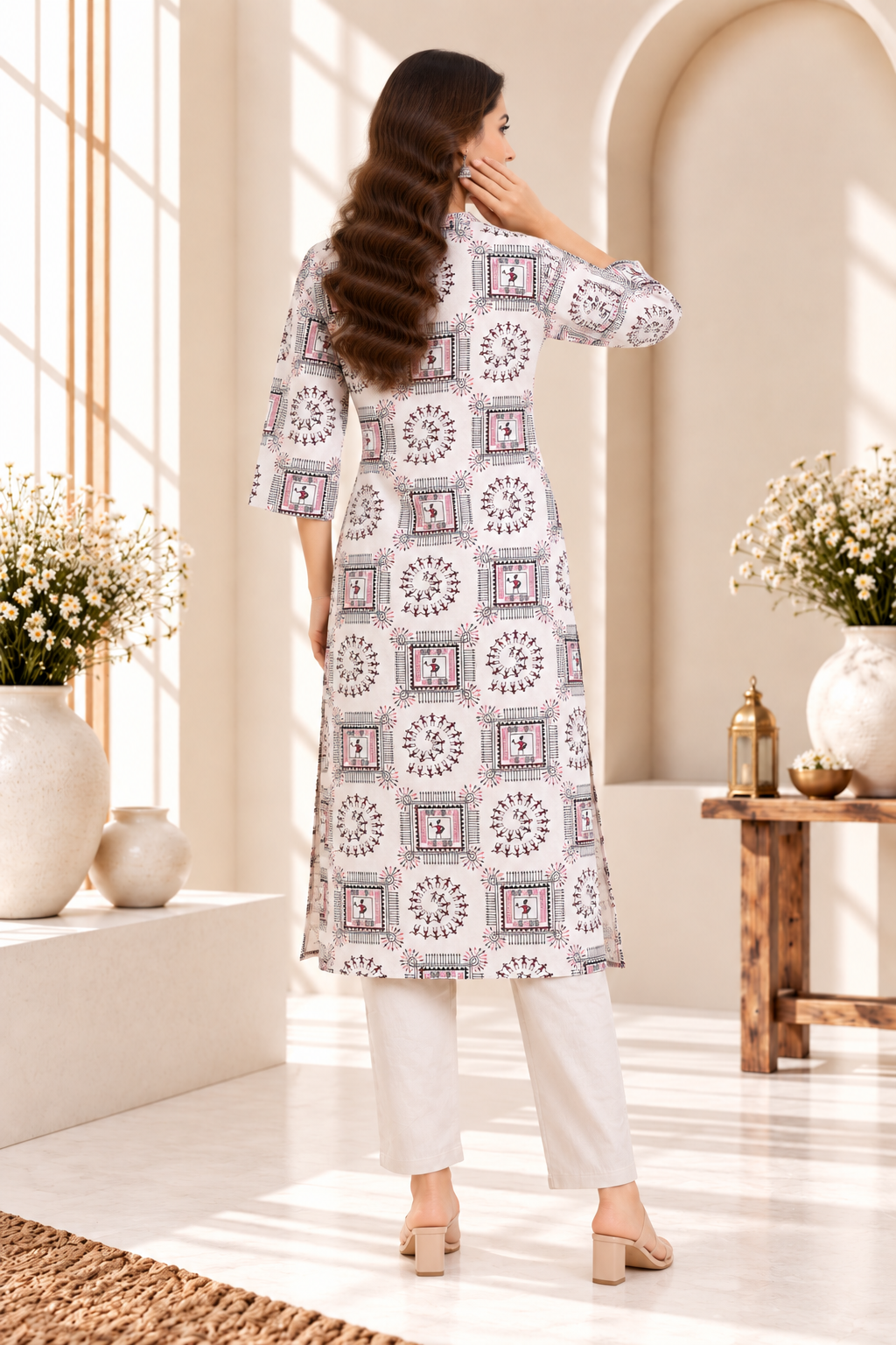 Cream Geometric Printed Cotton Kurti Set