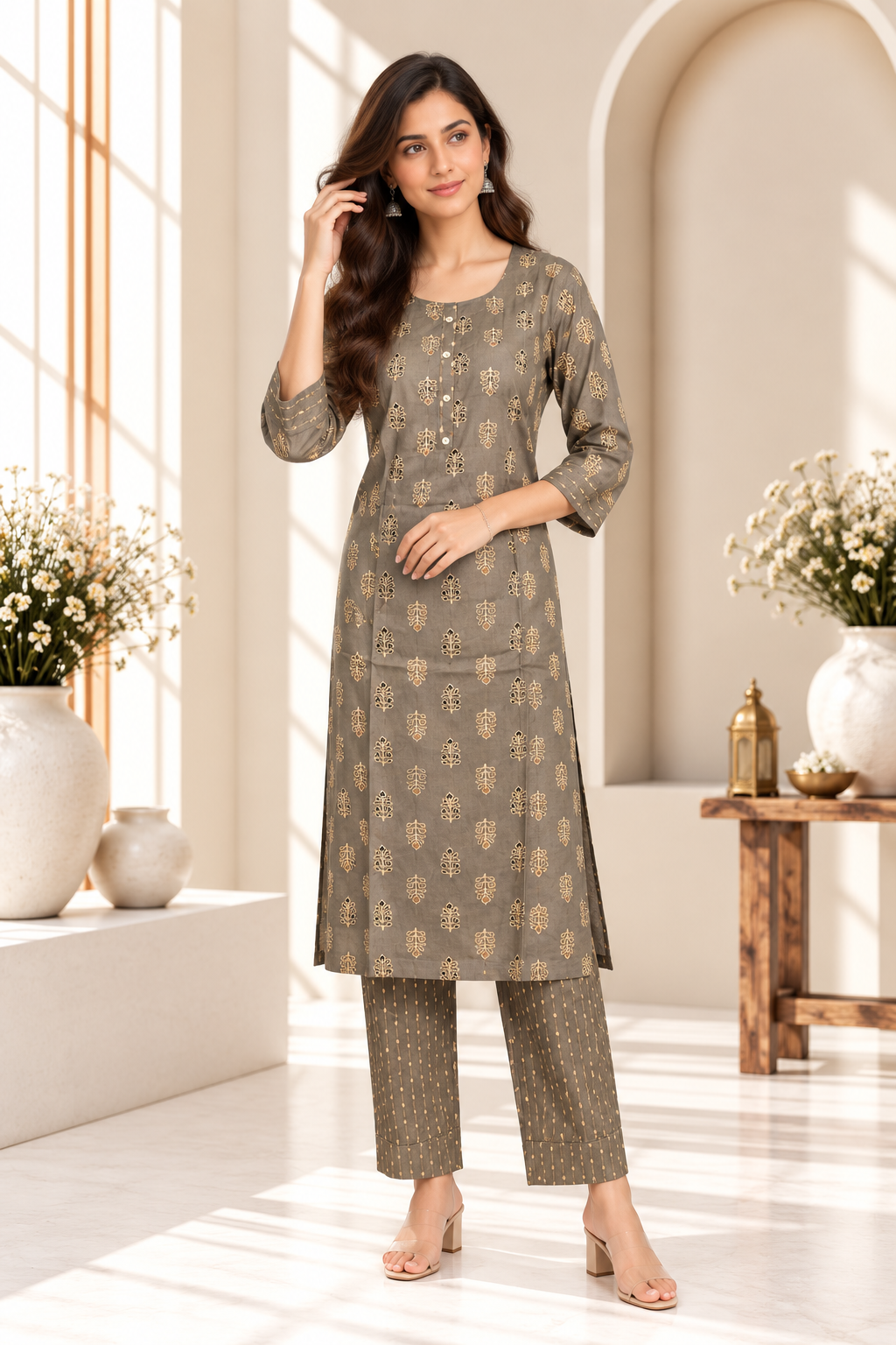 Grey Printed Rayon Kurti Set