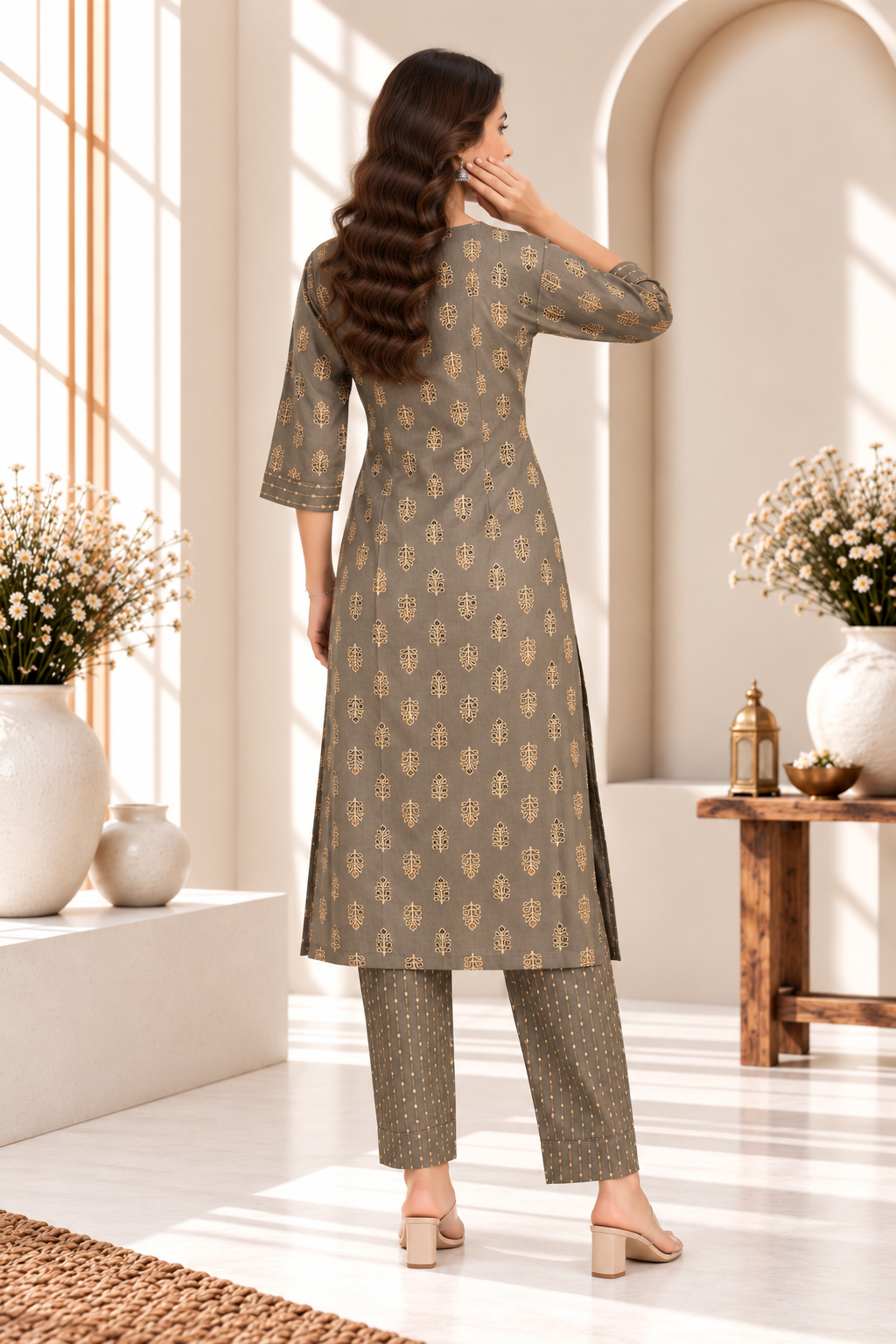 Grey Printed Rayon Kurti Set