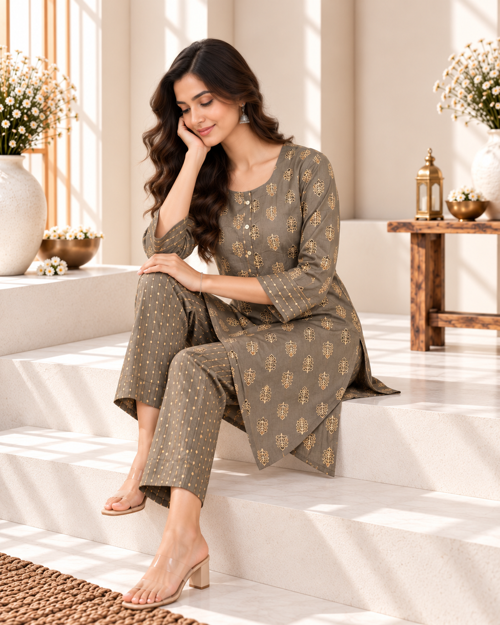 Grey Printed Rayon Kurti Set