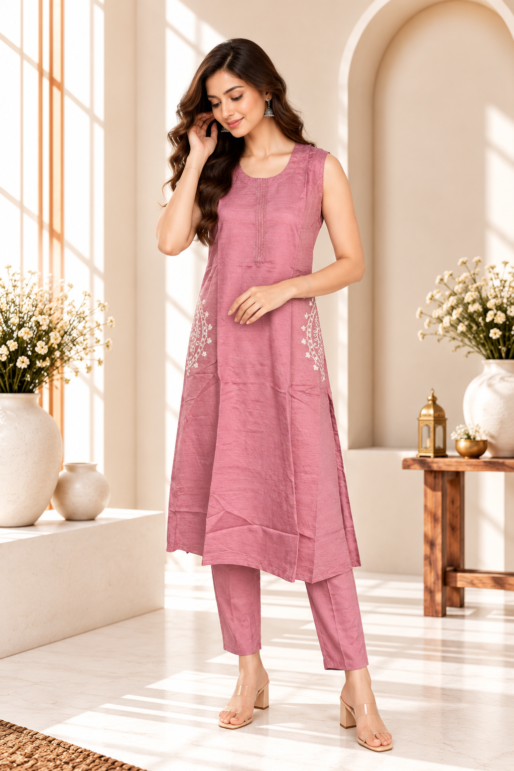 Rose Pink Rayon Embroidered Kurti Set