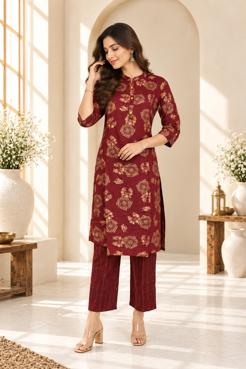 Maroon Printed Rayon Kurti Set