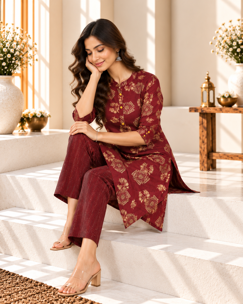 Maroon Printed Rayon Kurti Set