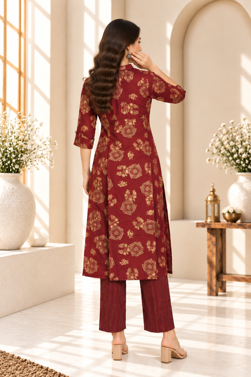 Maroon Printed Rayon Kurti Set