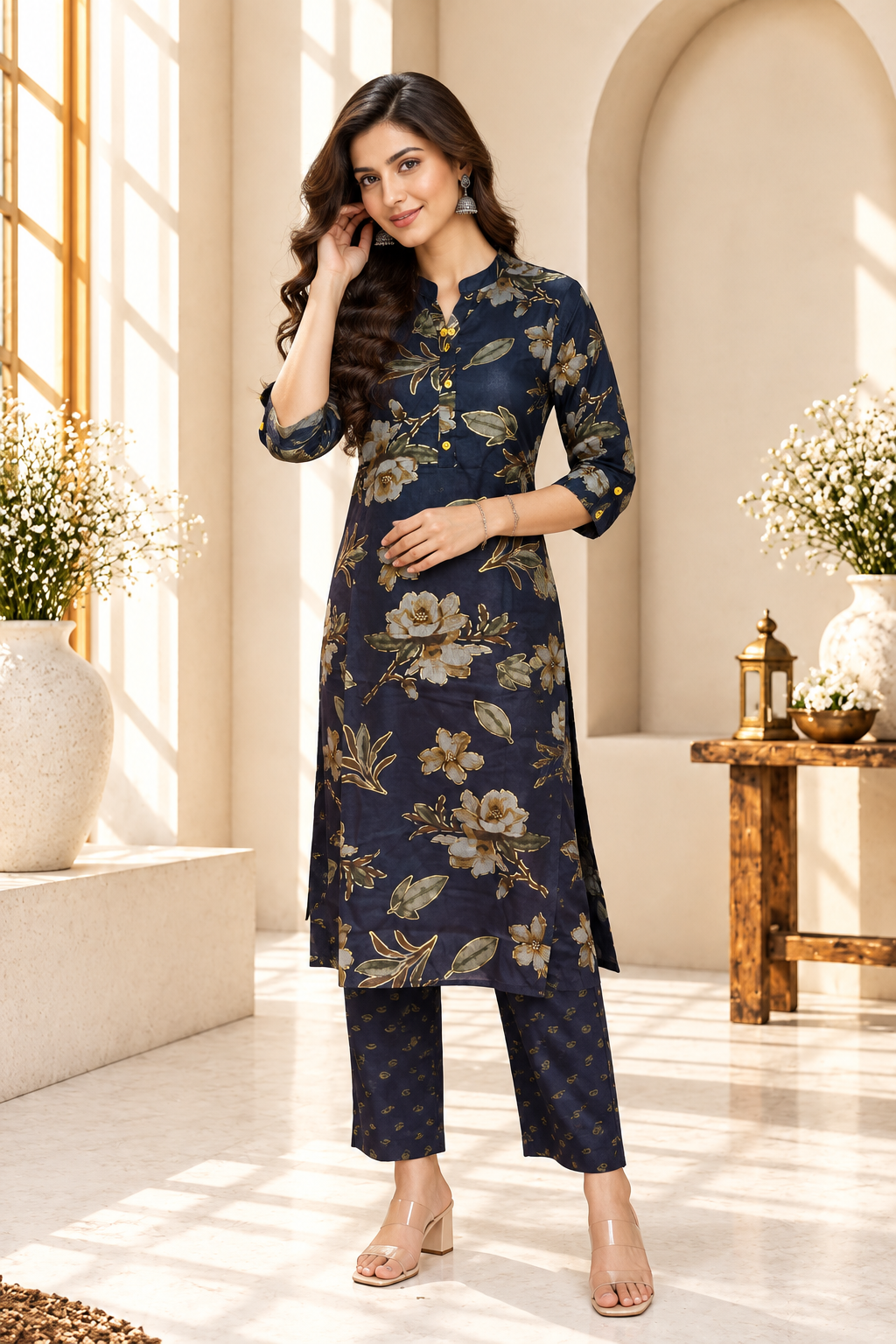Navy Blue Floral Printed Rayon Kurti Set