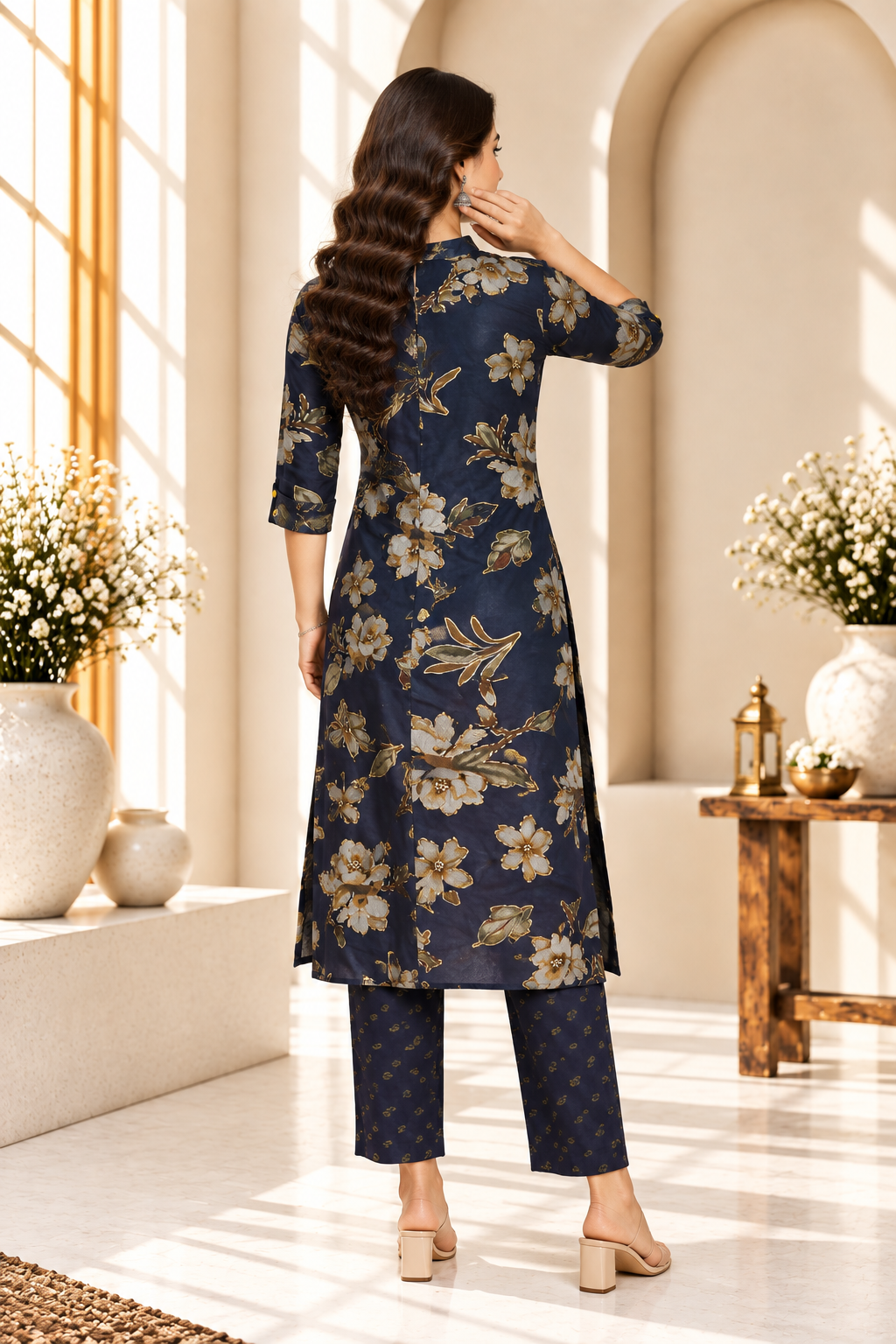 Navy Blue Floral Printed Rayon Kurti Set