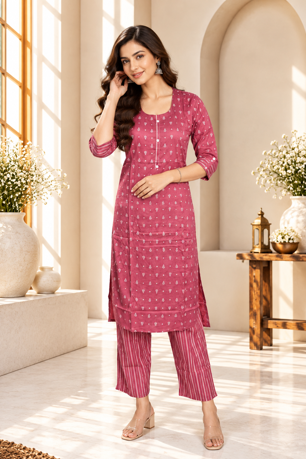 Rose Pink Printed Rayon Kurti Set