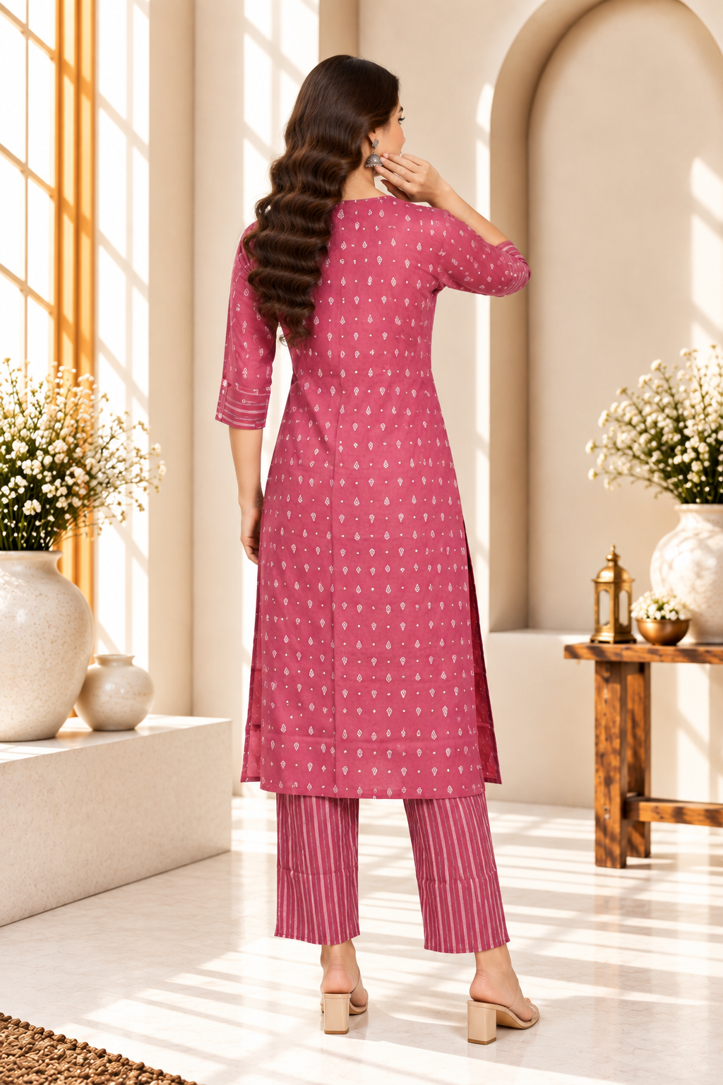 Rose Pink Printed Rayon Kurti Set