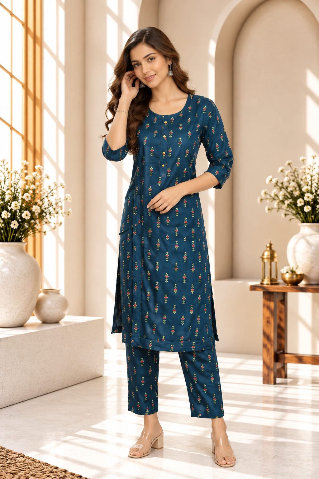 Navy Blue Floral Printed Rayon Kurti Set