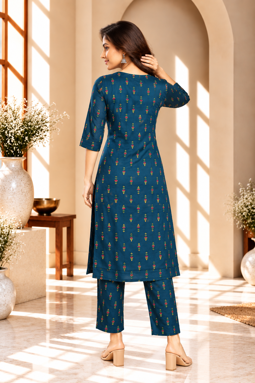 Navy Blue Floral Printed Rayon Kurti Set