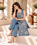Steel Blue Floral Printed Rayon Kurti Set