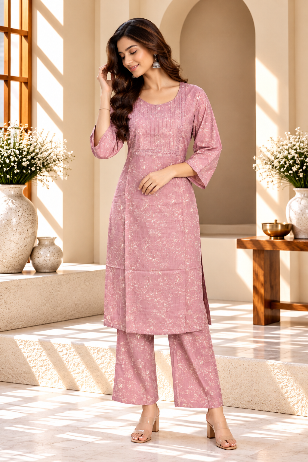 Dusty Pink Floral Printed Rayon Kurti Set