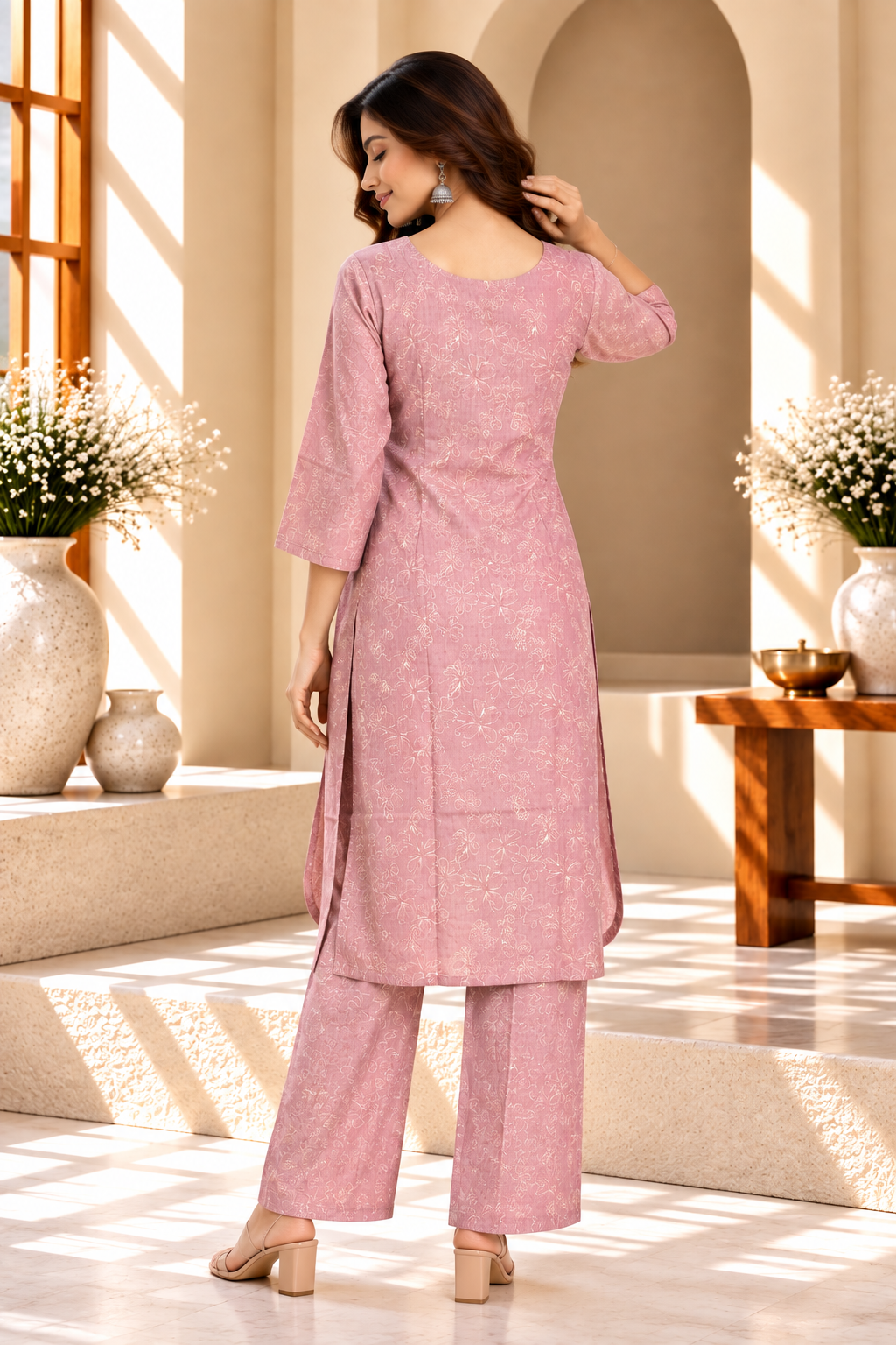 Dusty Pink Floral Printed Rayon Kurti Set