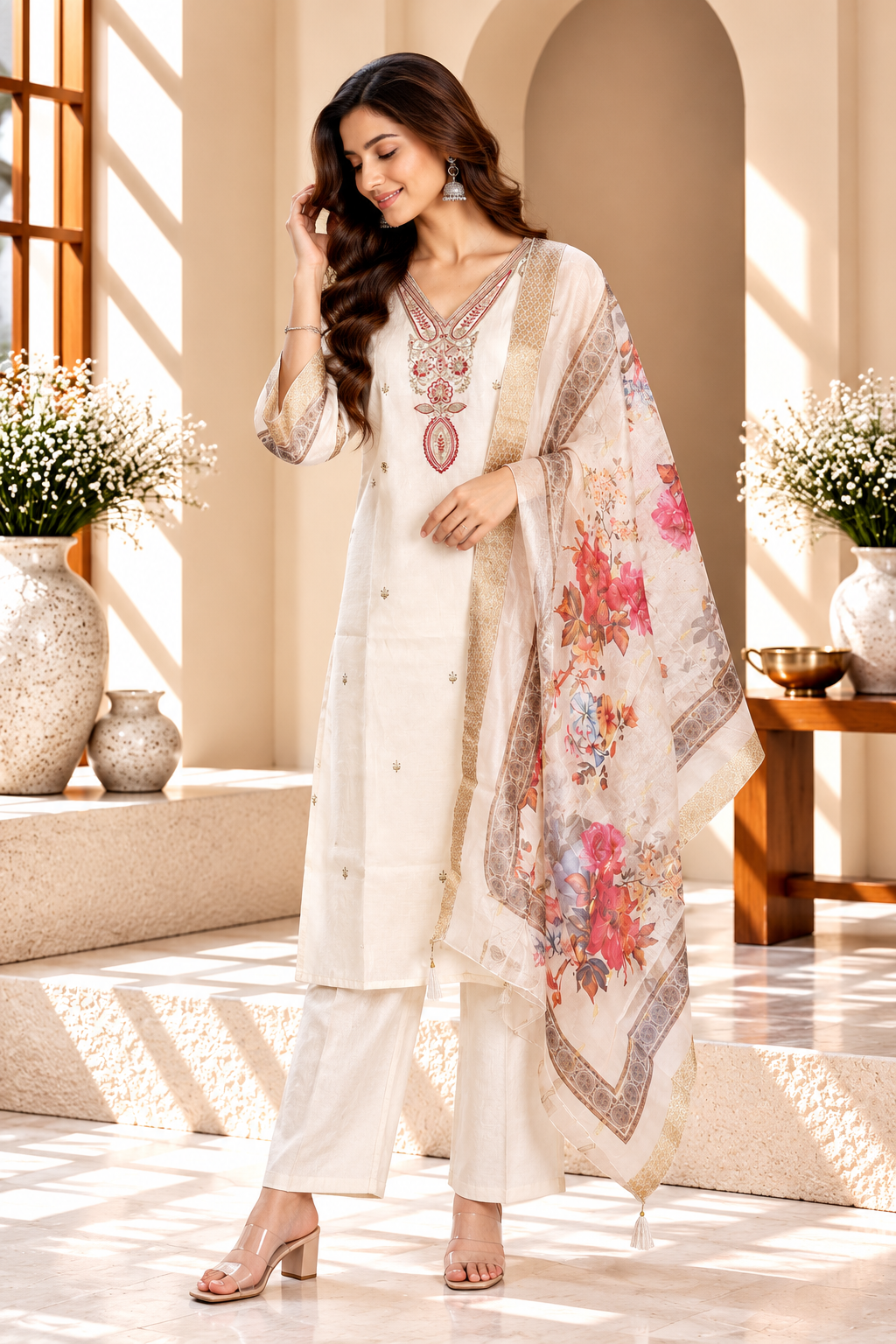 Ivory Soft Silk Embroidered Kurta Set