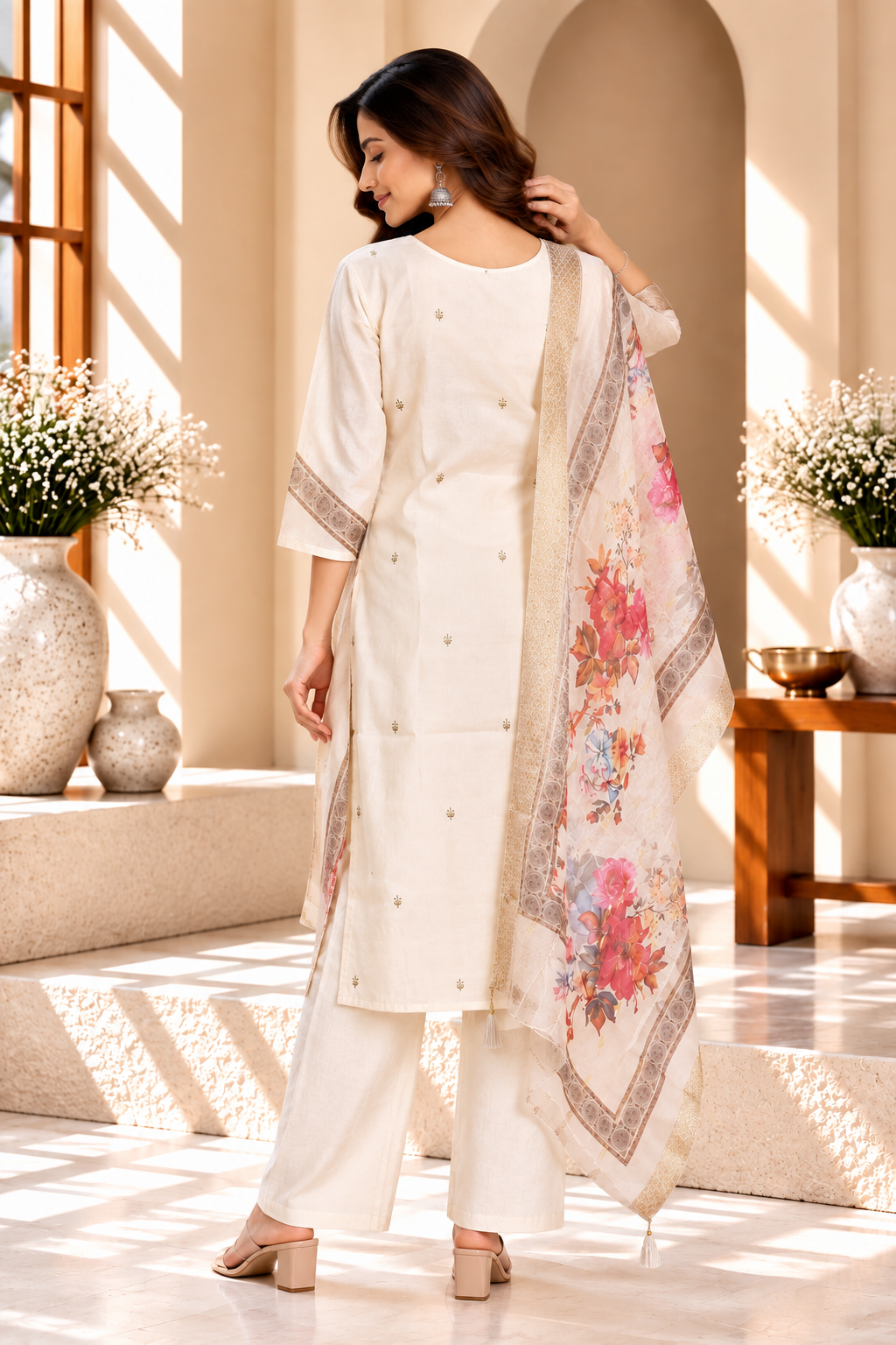 Ivory Soft Silk Embroidered Kurta Set