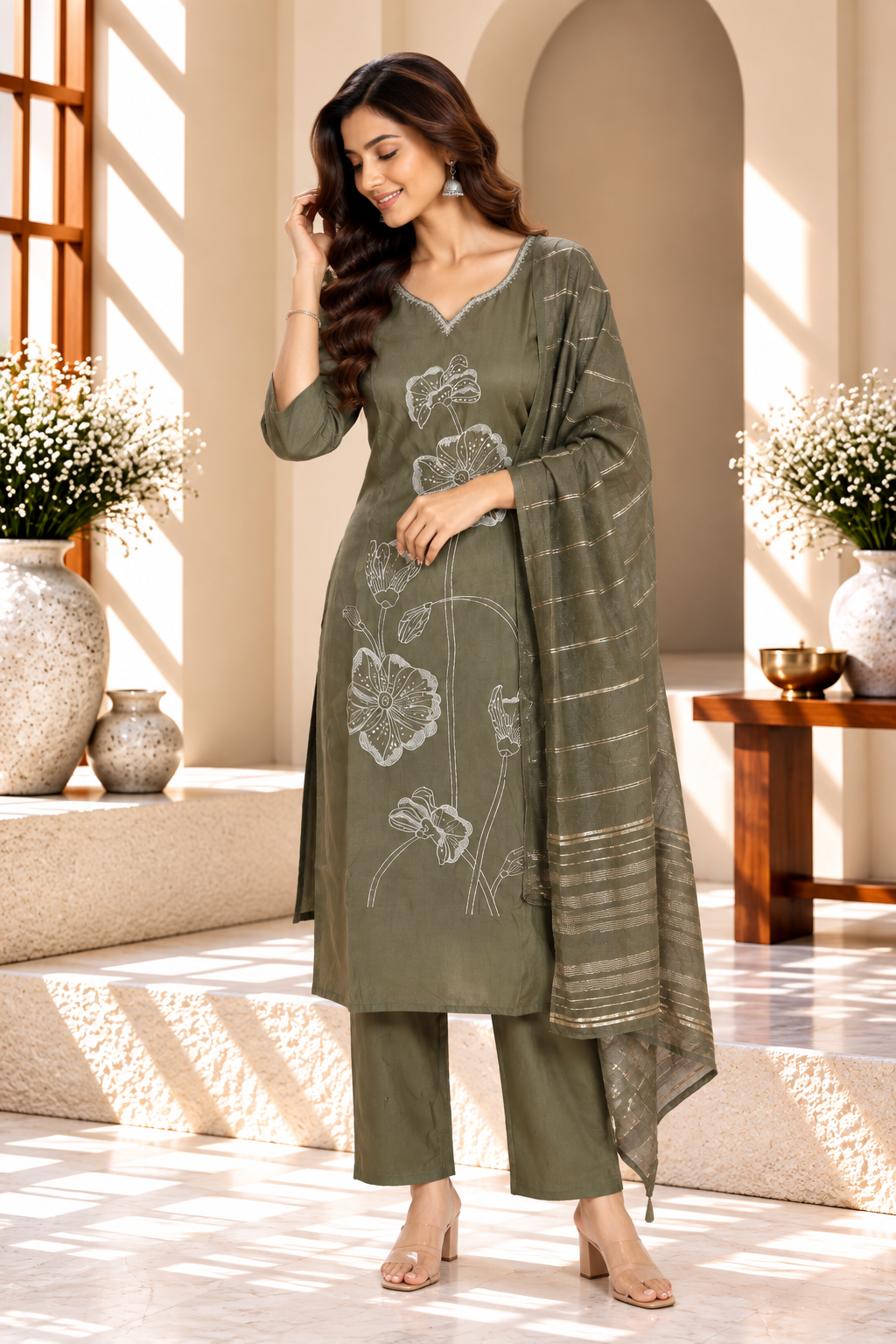 Olive Green Soft Silk Embroidered Kurta Set