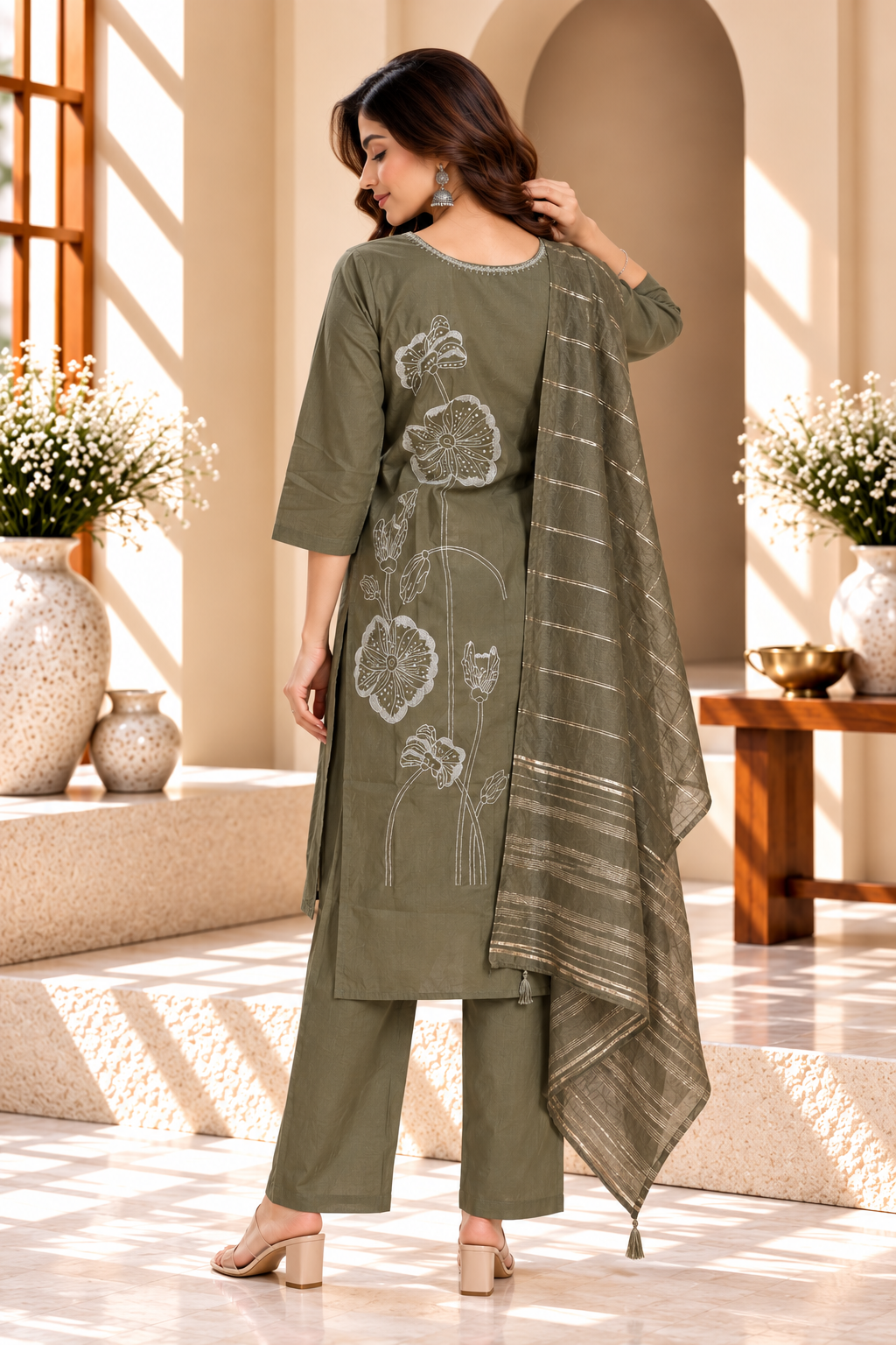 Olive Green Soft Silk Embroidered Kurta Set