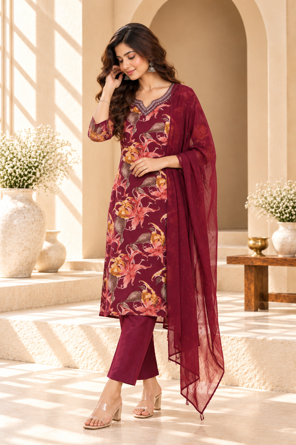Maroon Floral Printed Rayon Kurta Set