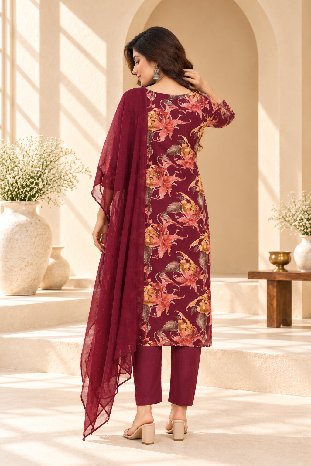 Maroon Floral Printed Rayon Kurta Set