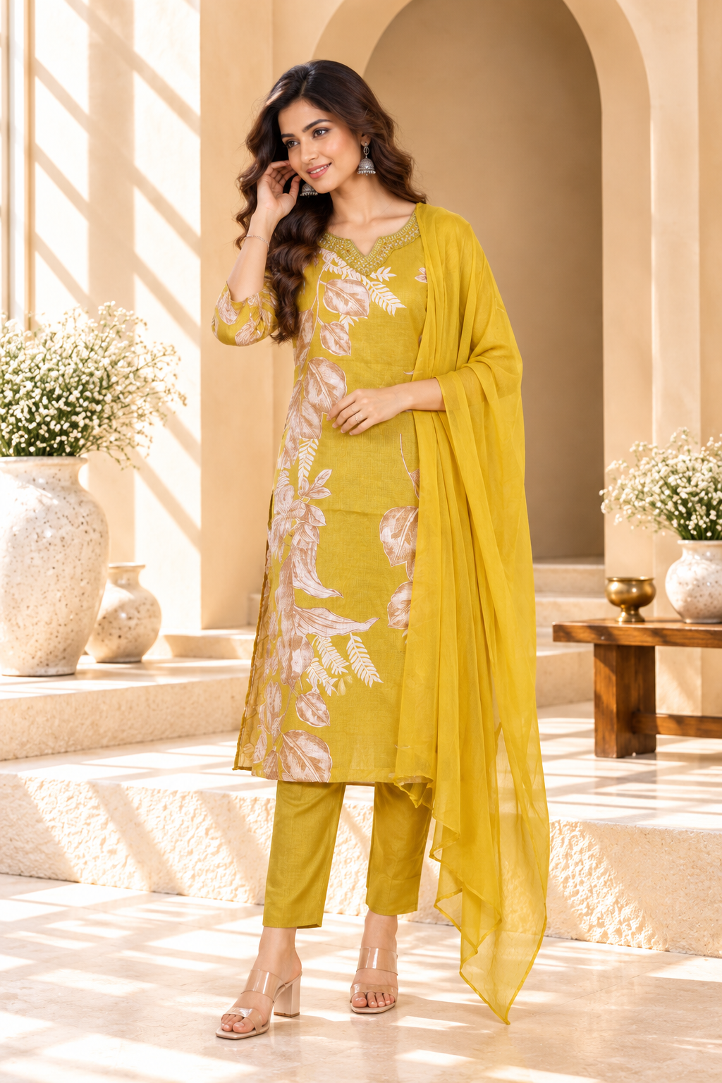 Mustard Yellow Floral Printed Rayon Kurta Set