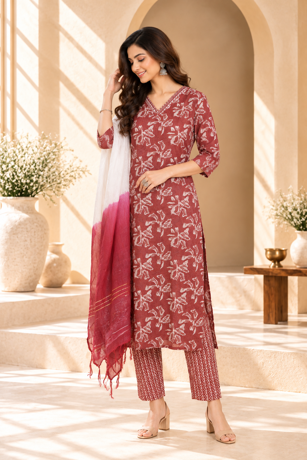 Maroon Floral Printed Rayon Kurta Set