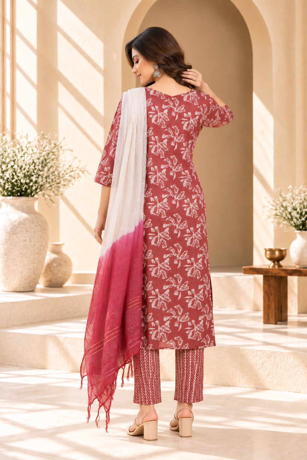 Maroon Floral Printed Rayon Kurta Set