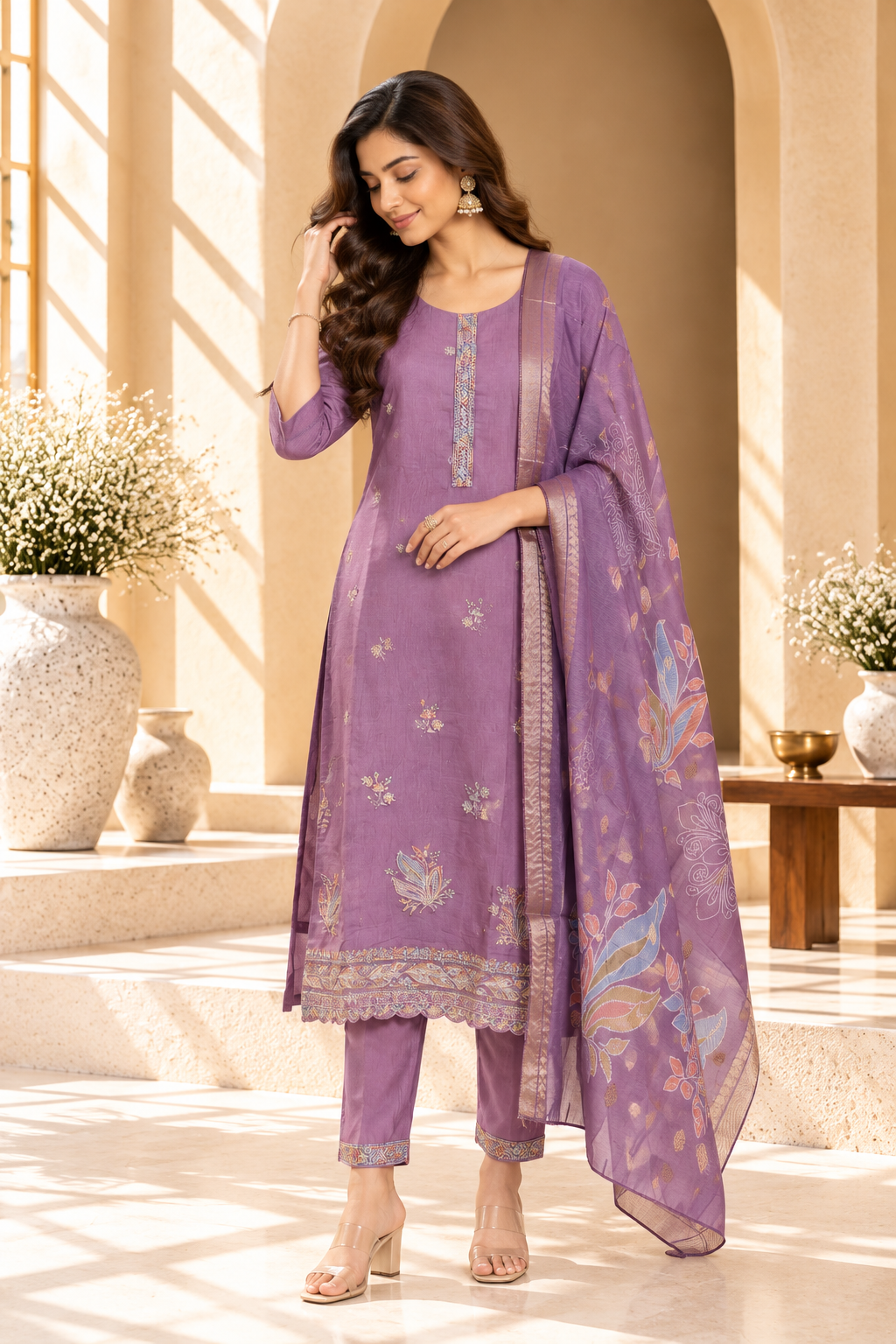 Lavender Floral Embroidered Chanderi Silk Cotton Kurta Set
