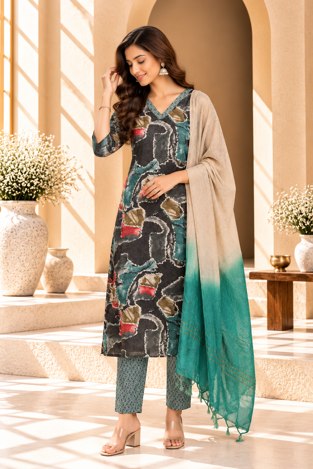 Teal & Charcoal Floral Printed Rayon Kurta Set