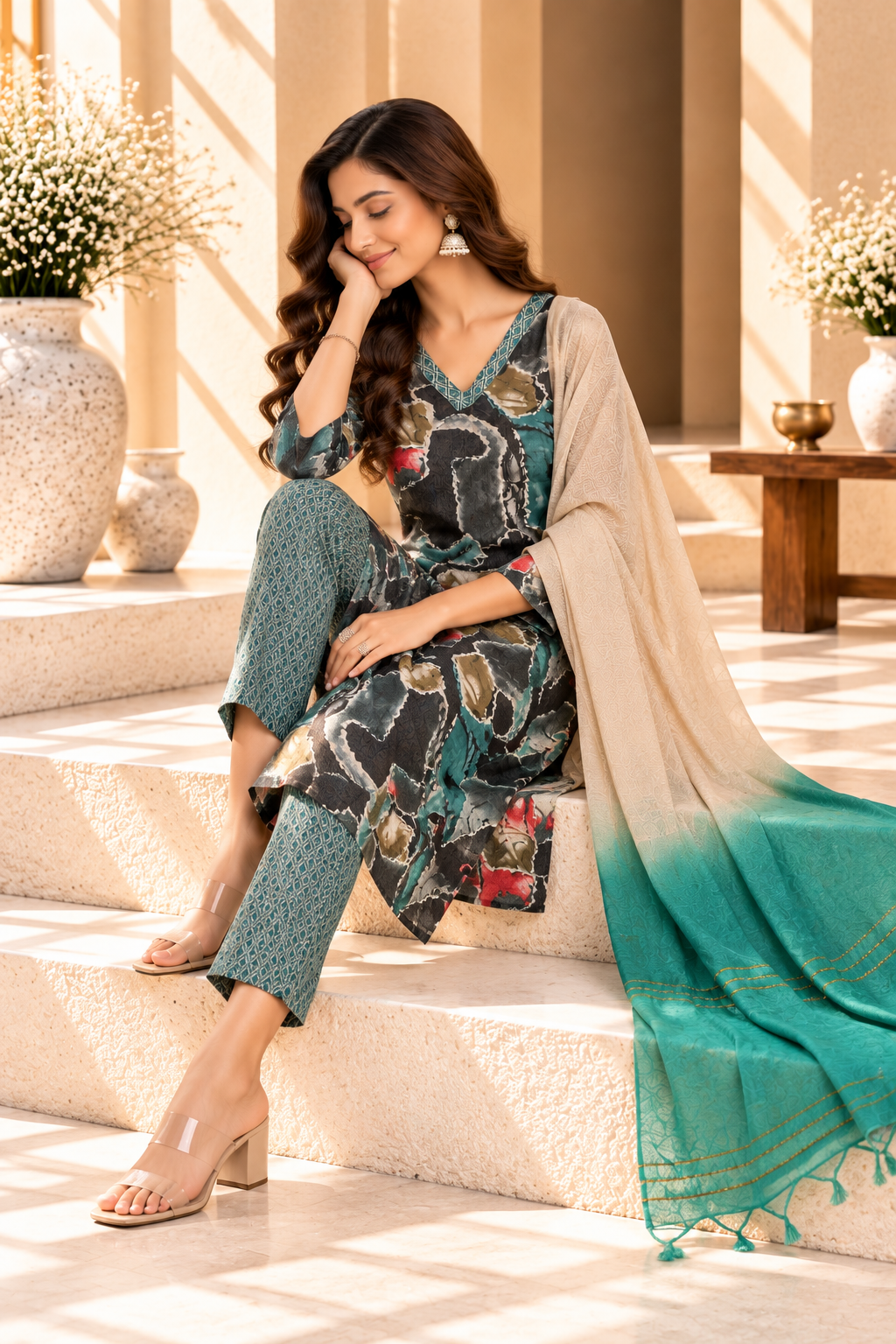 Teal & Charcoal Floral Printed Rayon Kurta Set