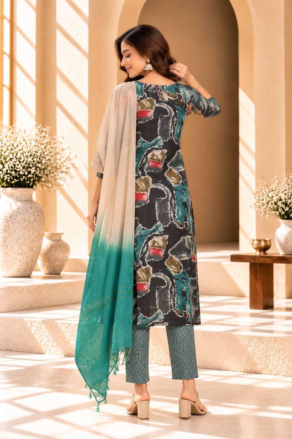 Teal & Charcoal Floral Printed Rayon Kurta Set