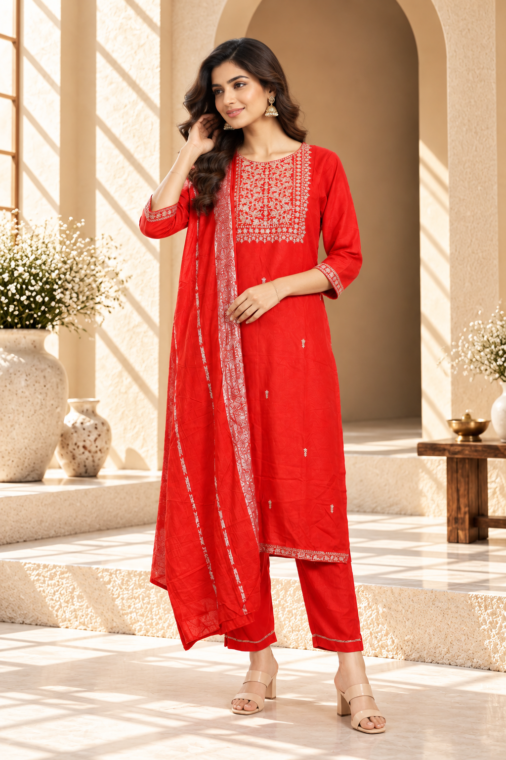 Red Embroidered Rayon Kurta Set