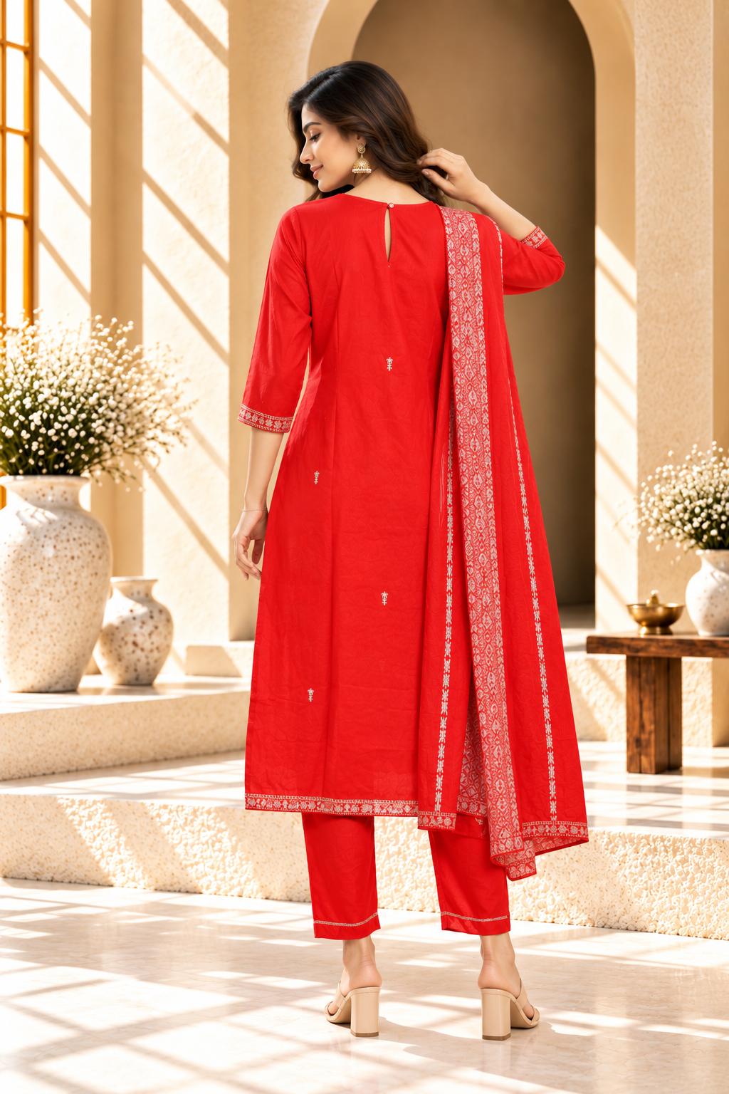 Red Embroidered Rayon Kurta Set