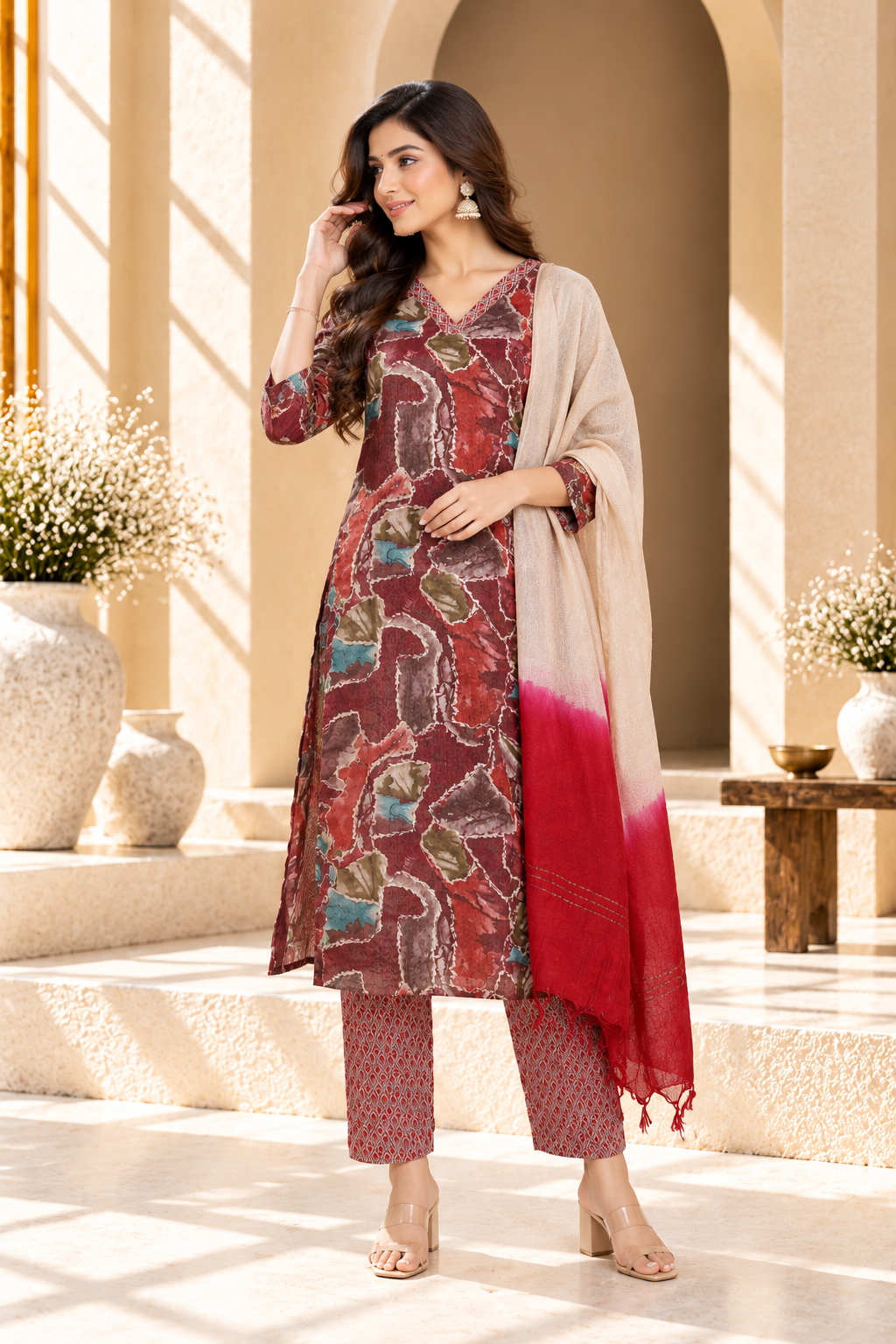 Wine Red Abstract Printed Rayon Kurta Set