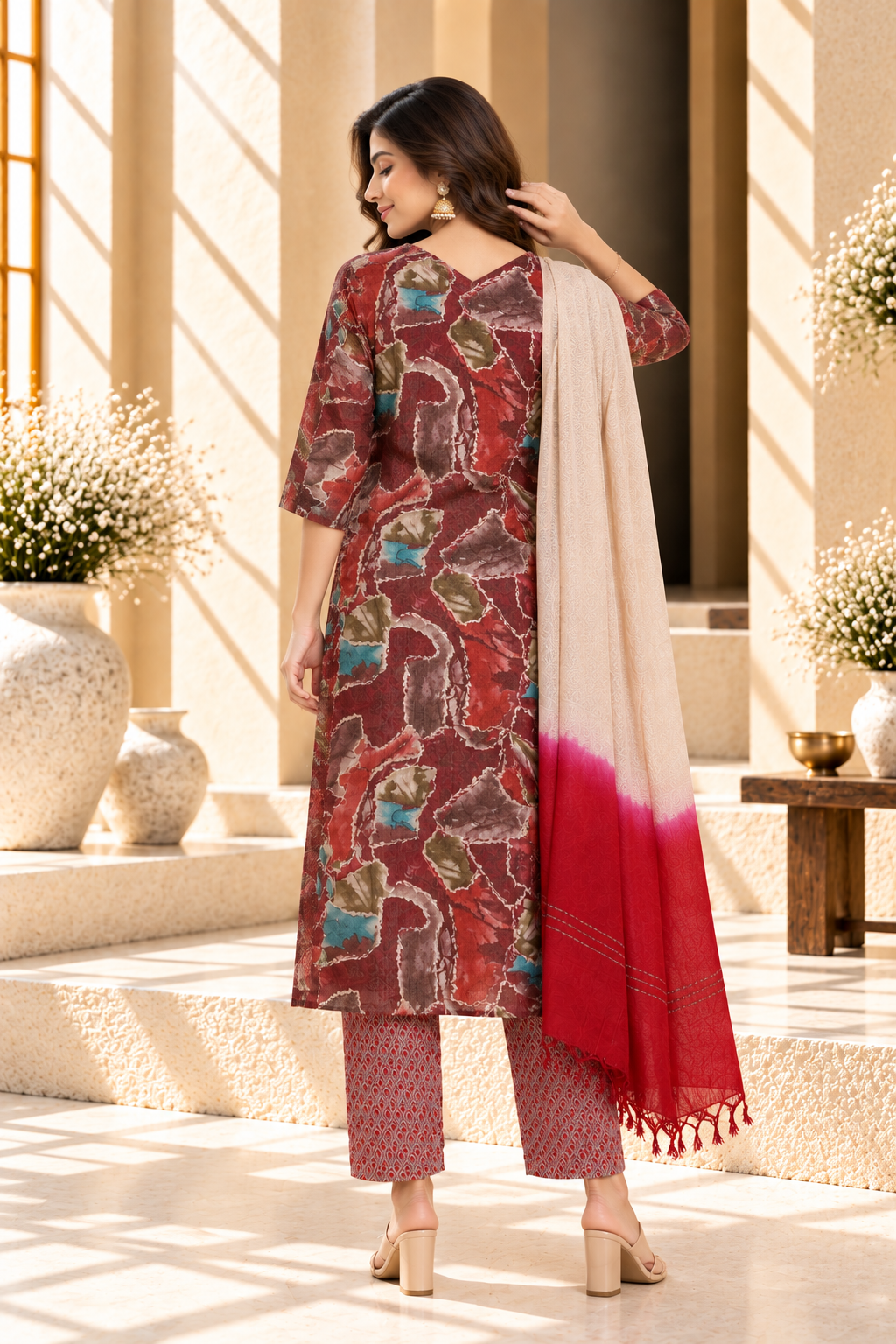 Wine Red Abstract Printed Rayon Kurta Set