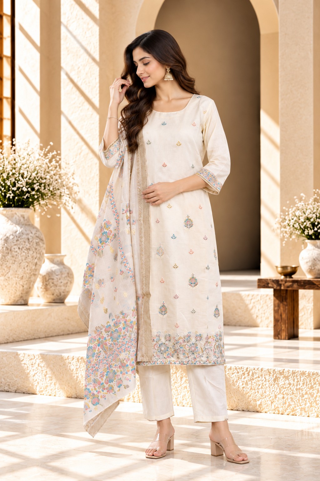 Ivory Floral Printed Viscose Kurta Set
