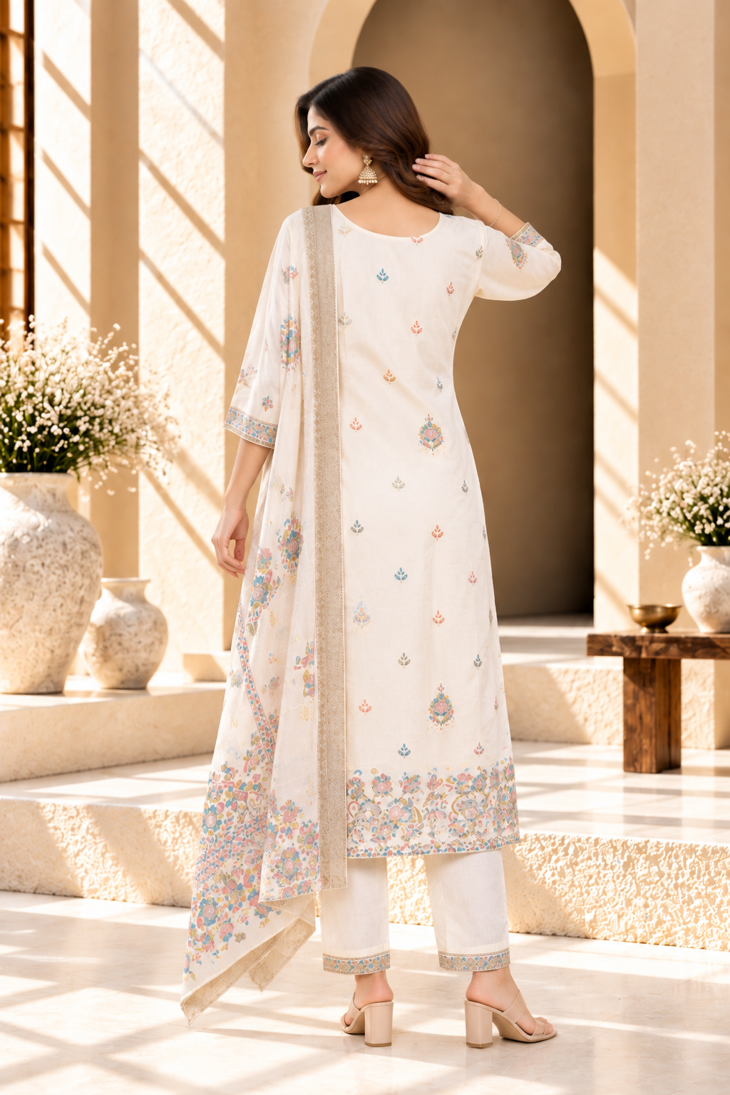 Ivory Floral Printed Viscose Kurta Set